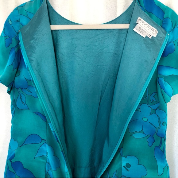 Silk dress Maggy London beautiful
 Floral Blue green sheath Vintage 12 P - Picture 9 of 9